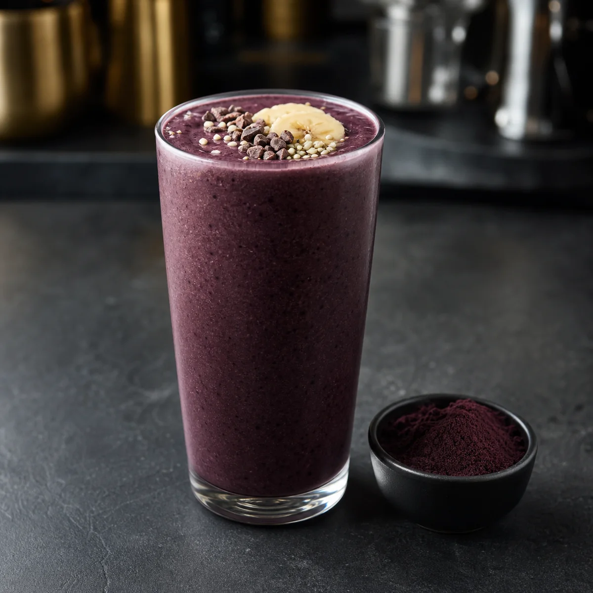 Purple açaí and banana protein smoothie in a tall glass with cacao nibs.