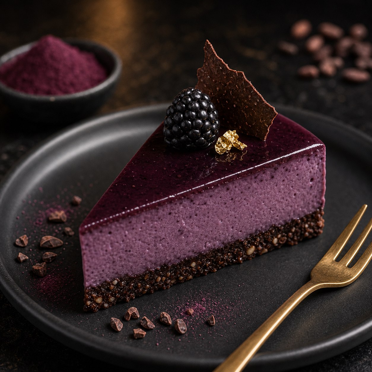 Slice of purple acai and cocoa cheesecake with a dark base, shine and fresh fruit.