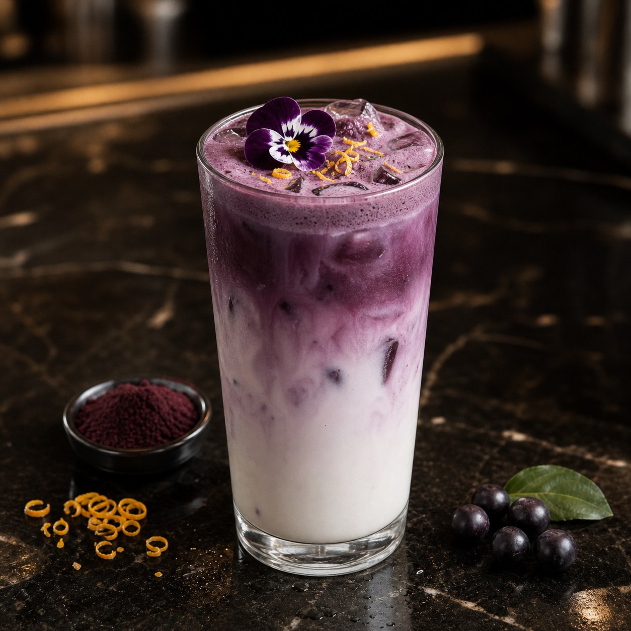 Iced purple acai latte with camu camu, creamy foam and citrus zest.