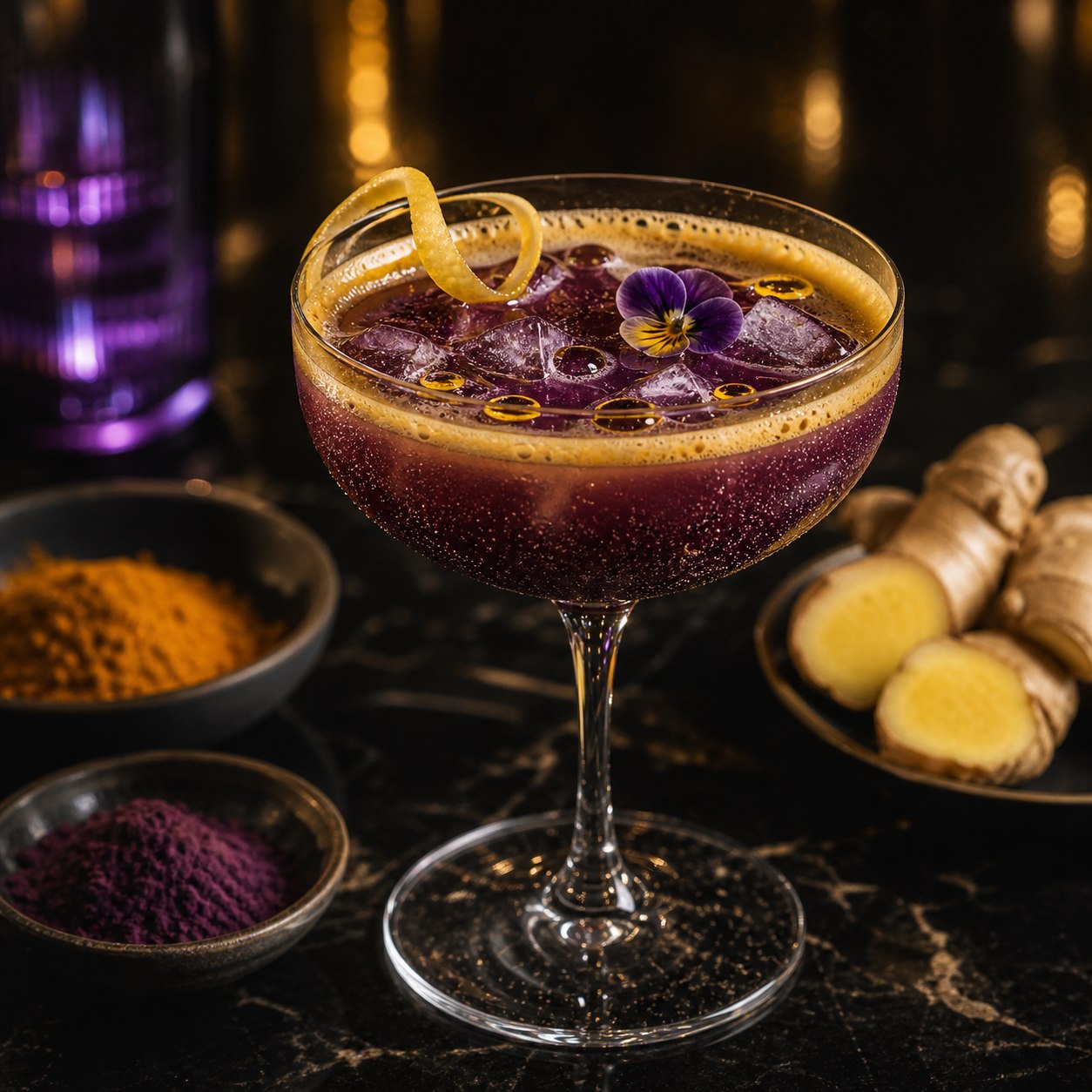 Violet acai and turmeric mocktail in a coupe glass with golden foam and lemon.