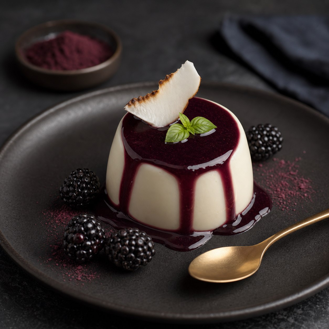 White panna cotta with purple acai coulis, toasted coconut and fresh herb leaves.