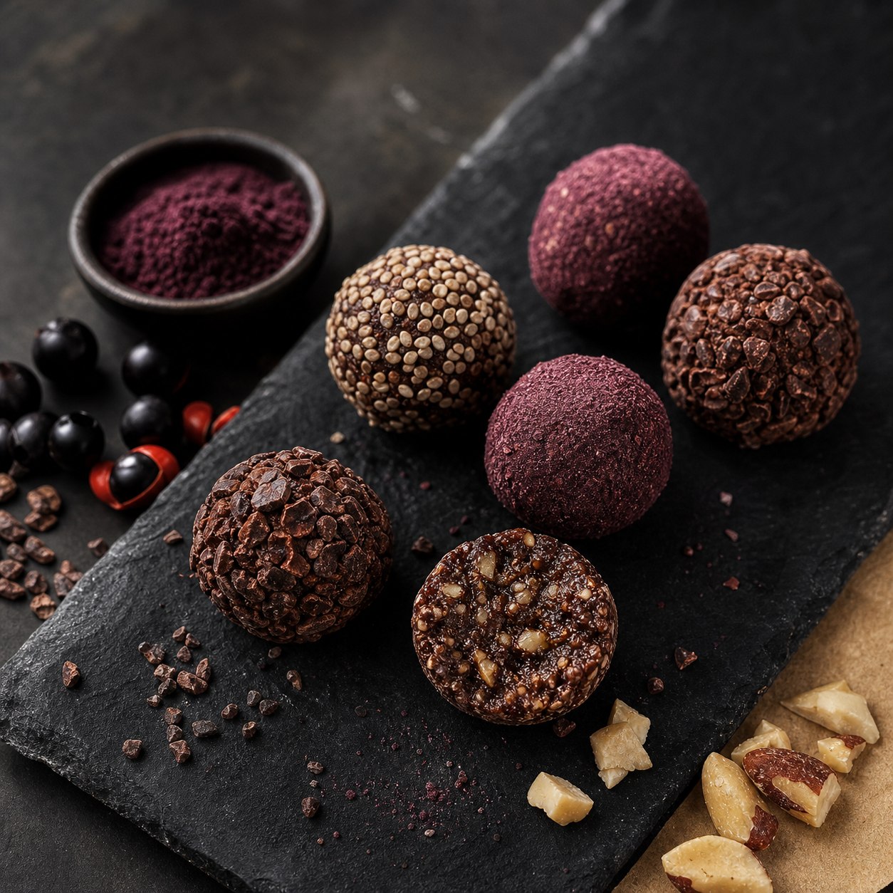 Purple acai and guaraná truffles with cocoa nibs, chestnuts and date interior.