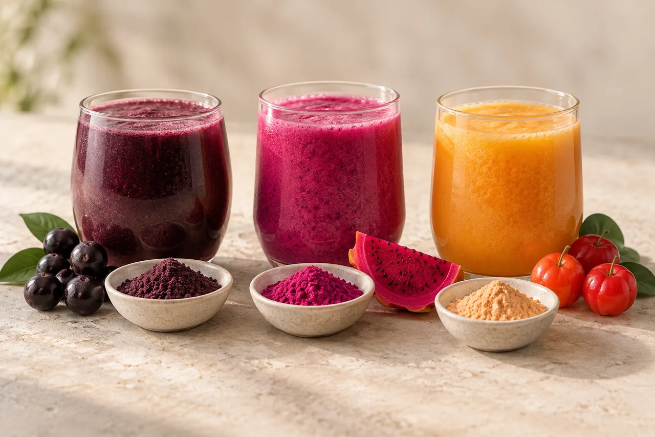 Illustrative açaí, pitaya and acerola beverage prototypes with fruit powders
