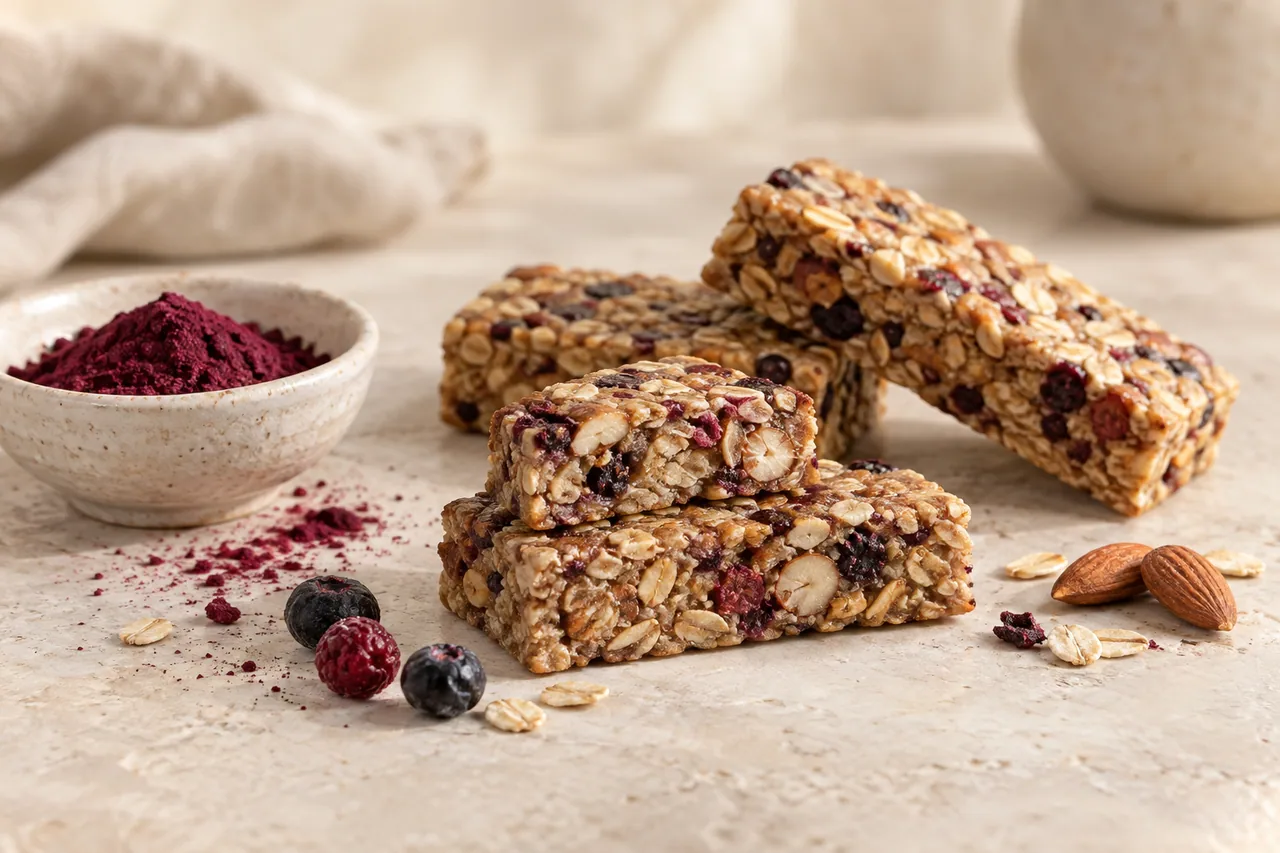 Illustrative oat and nut bars cut to show fruit inclusions and interior texture
