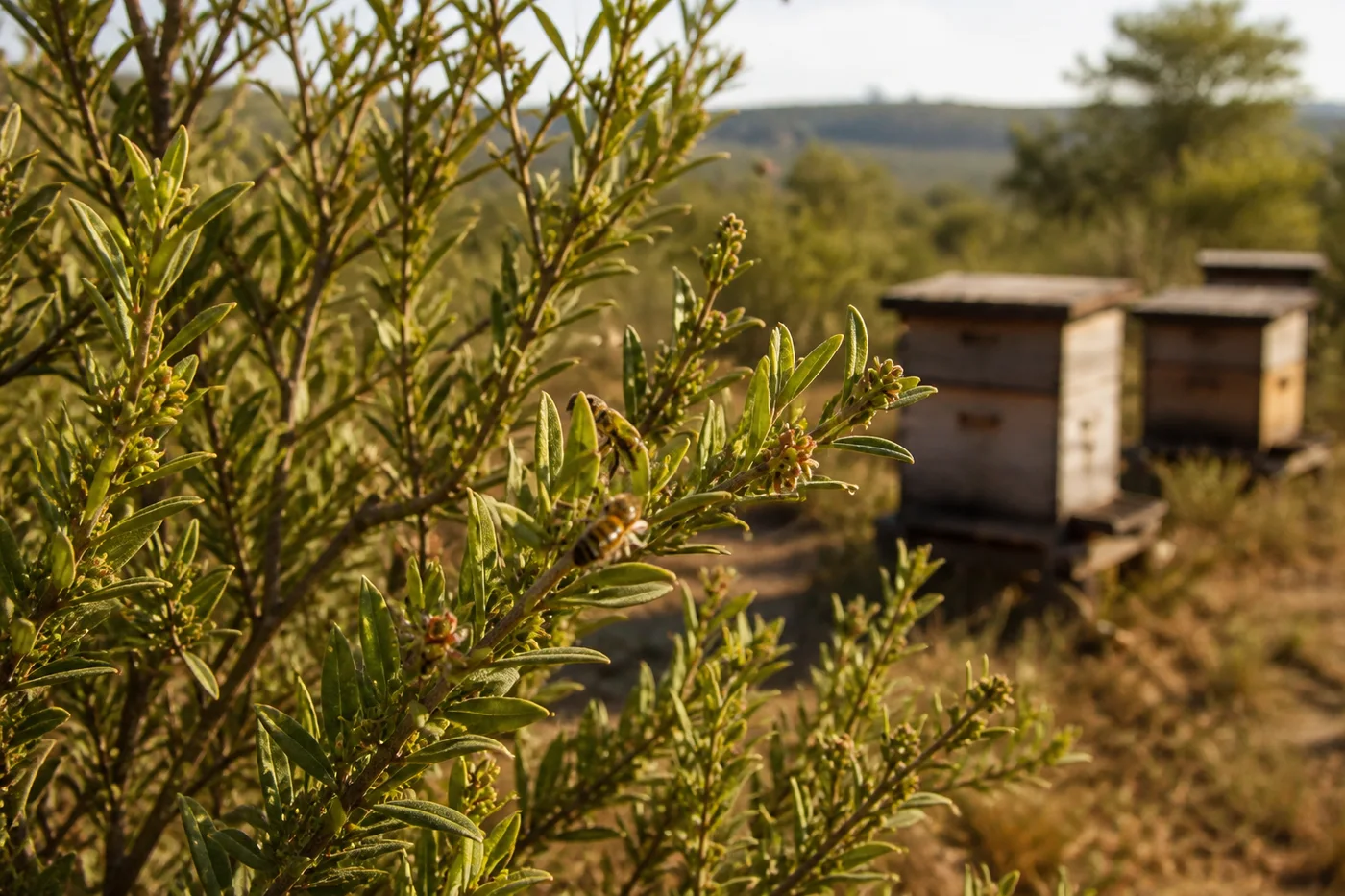 Illustrative Brazilian cerrado vegetation and beehives.