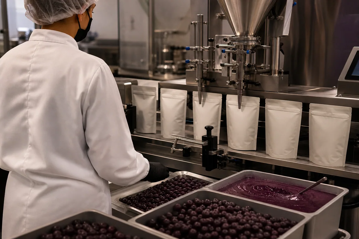 Operação ilustrativa de envase de alimentos em embalagens sem marca