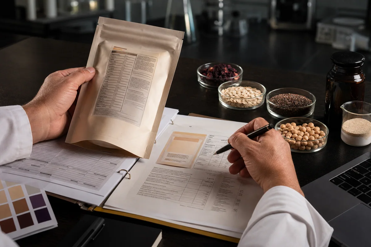 Profissional revisando documentação técnica e uma proposta de rótulo de alimento