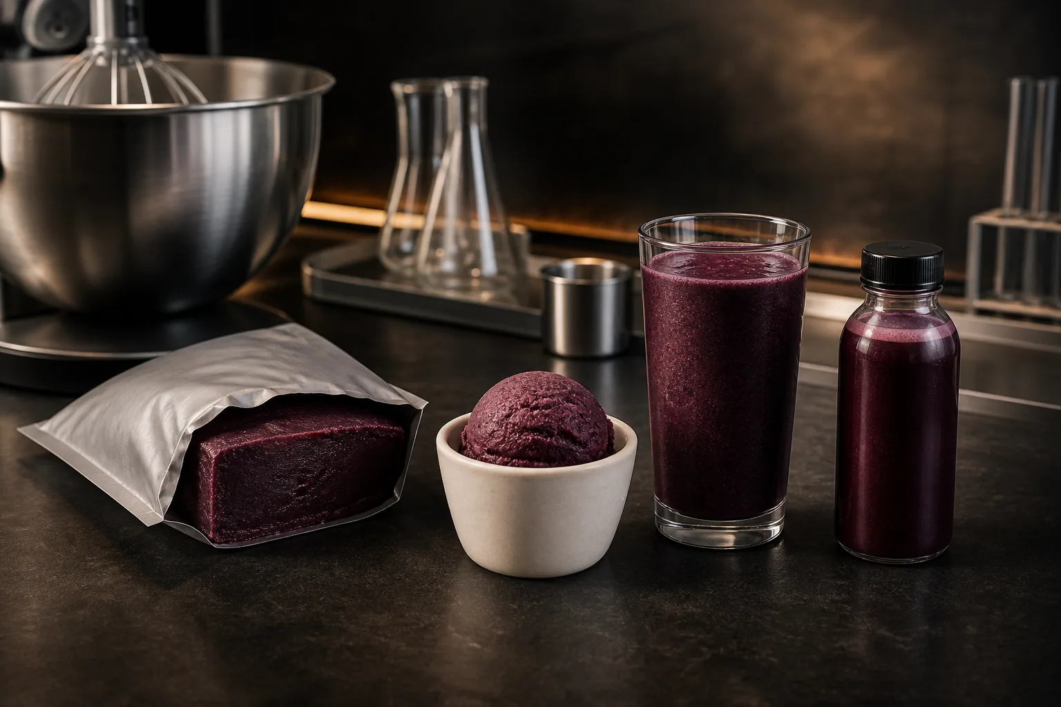 Frozen açaí pulp shown with sorbet, smoothie and beverage formulation prototypes