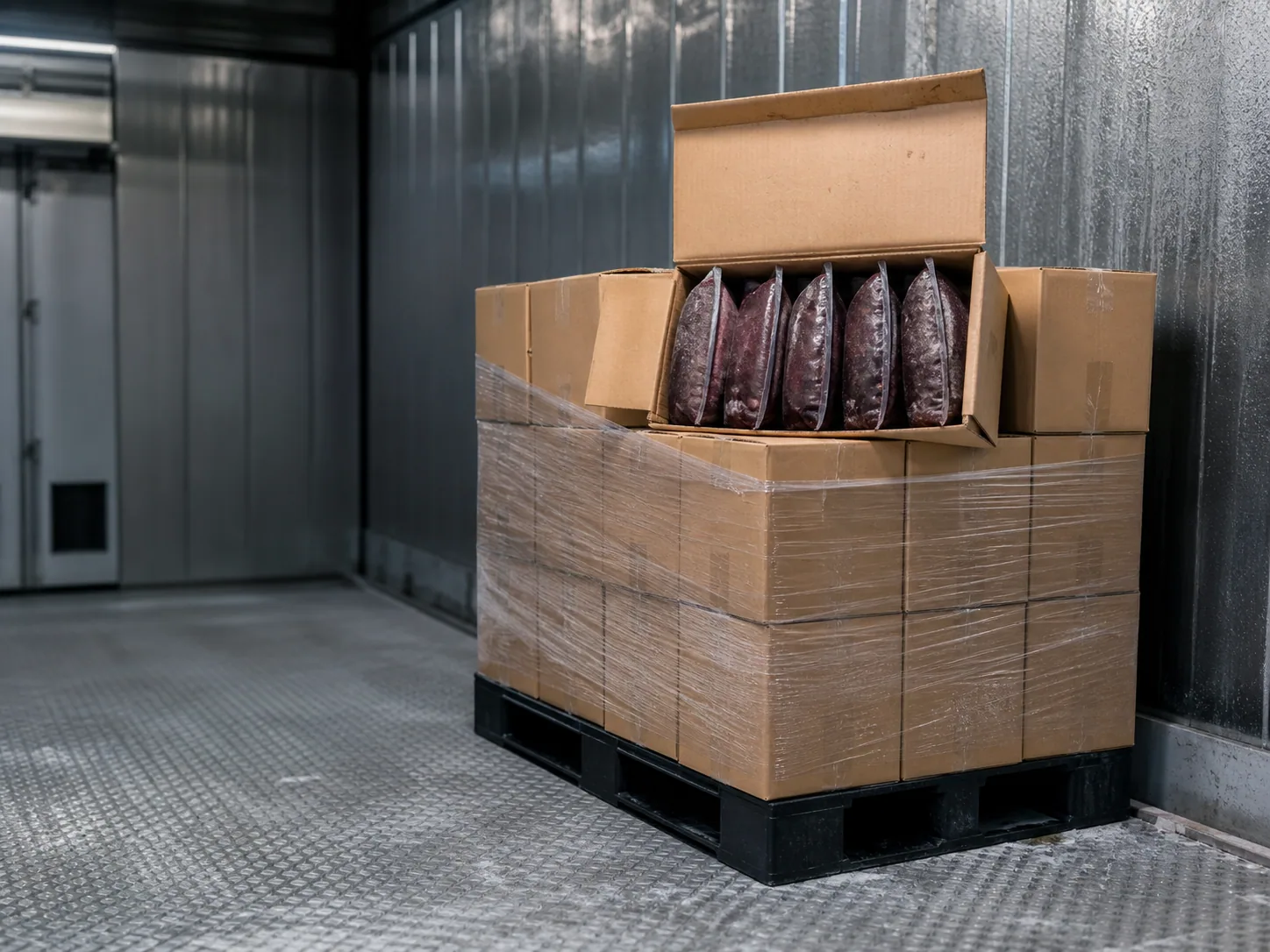 Neutral export cartons containing frozen açaí pulp pouches on a pallet in a cold room