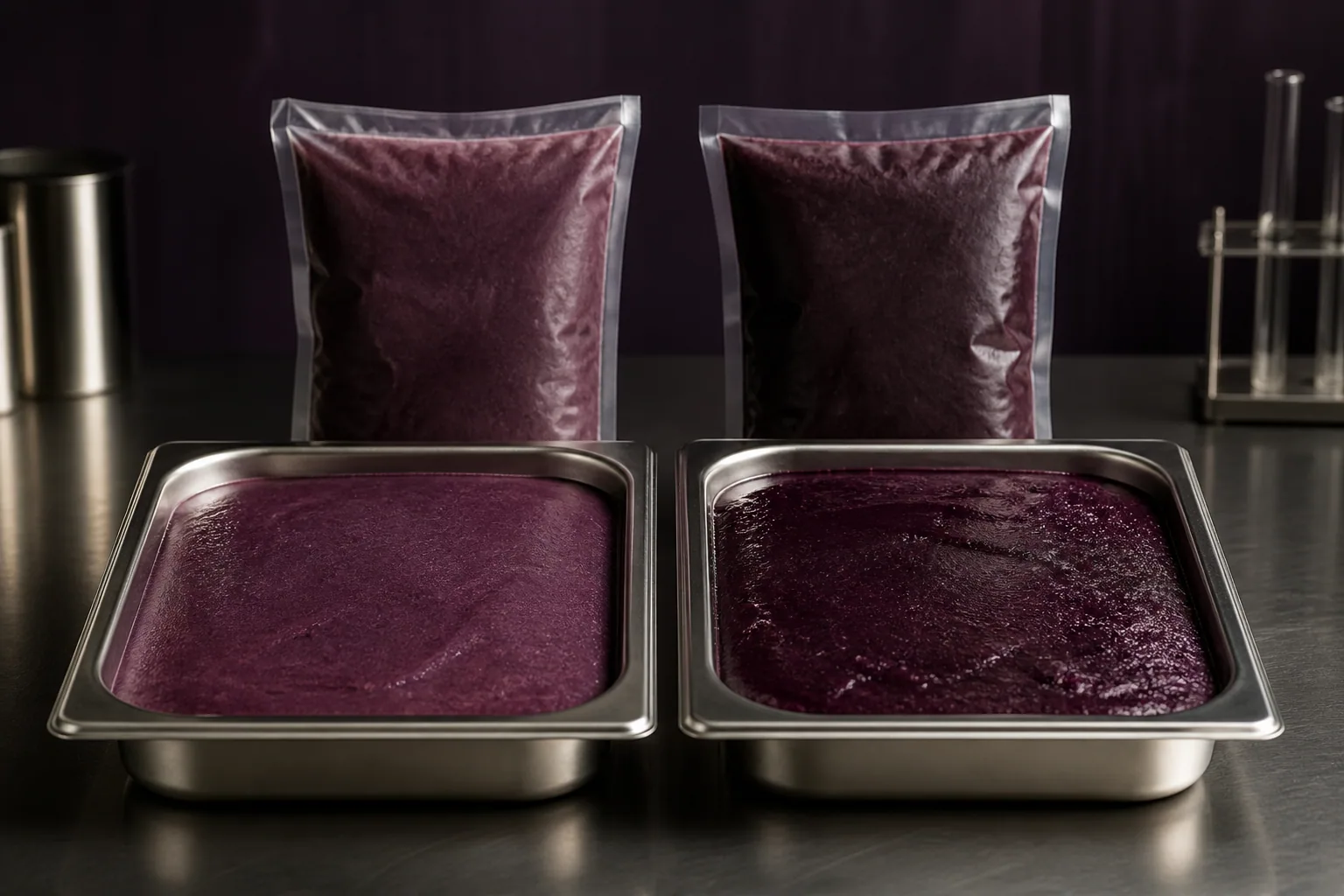 Side-by-side visual comparison of two açaí pulp concentrations on a formulation bench