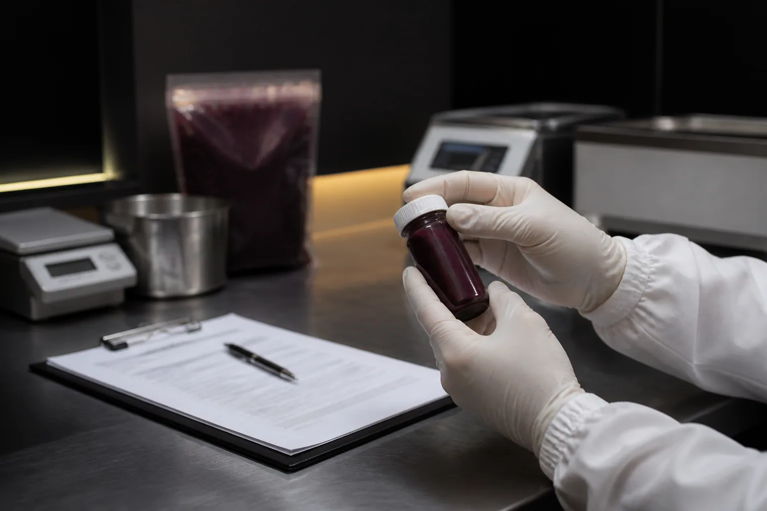 Food quality technician inspecting an açaí sample in a laboratory