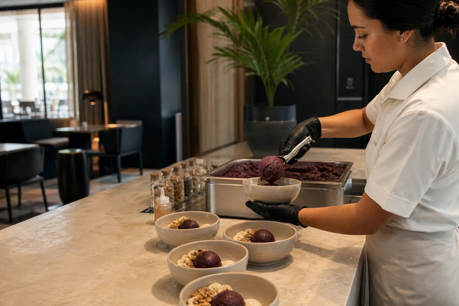 Hotel food-service professional portioning açaí sorbet for breakfast bowls