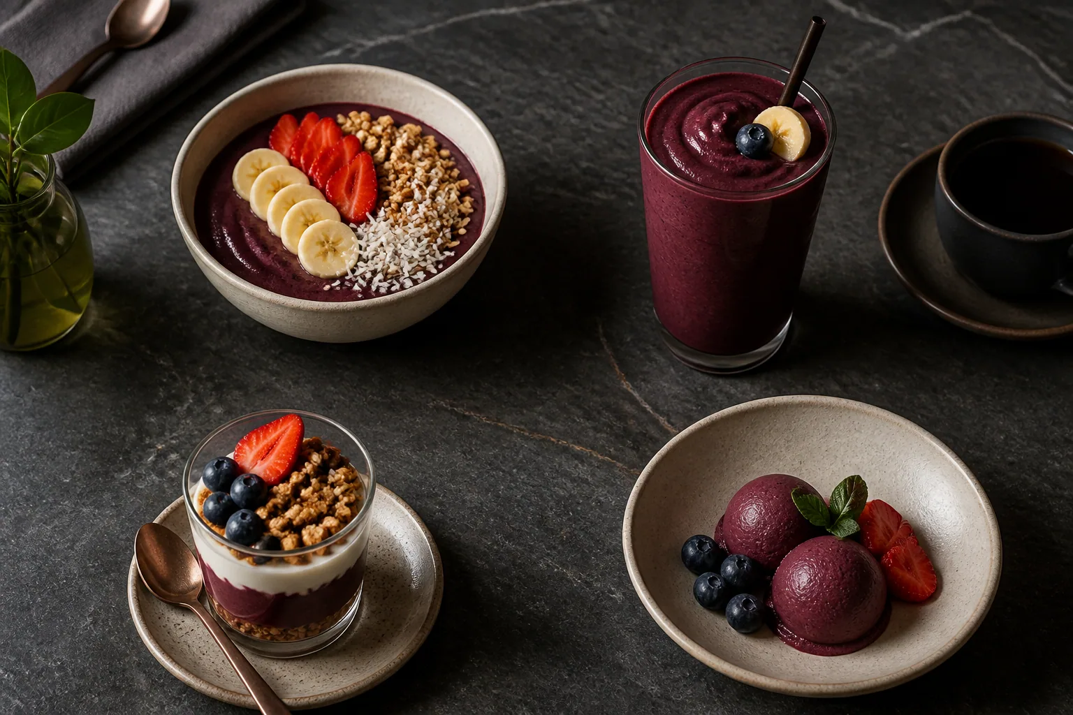 Açaí sorbet served as a bowl, smoothie, parfait and plated dessert