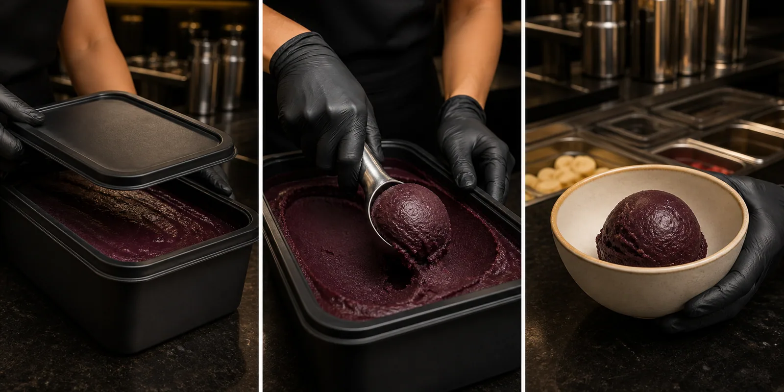 Three-step food-service sequence opening, scooping and serving açaí sorbet