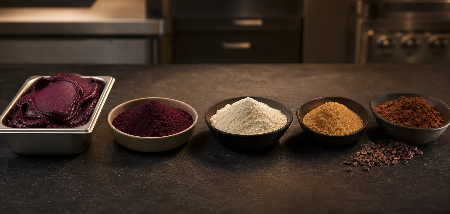 Açaí sorbet, açaí powder, coconut milk powder, coconut sugar and cacao arranged in a hotel kitchen.