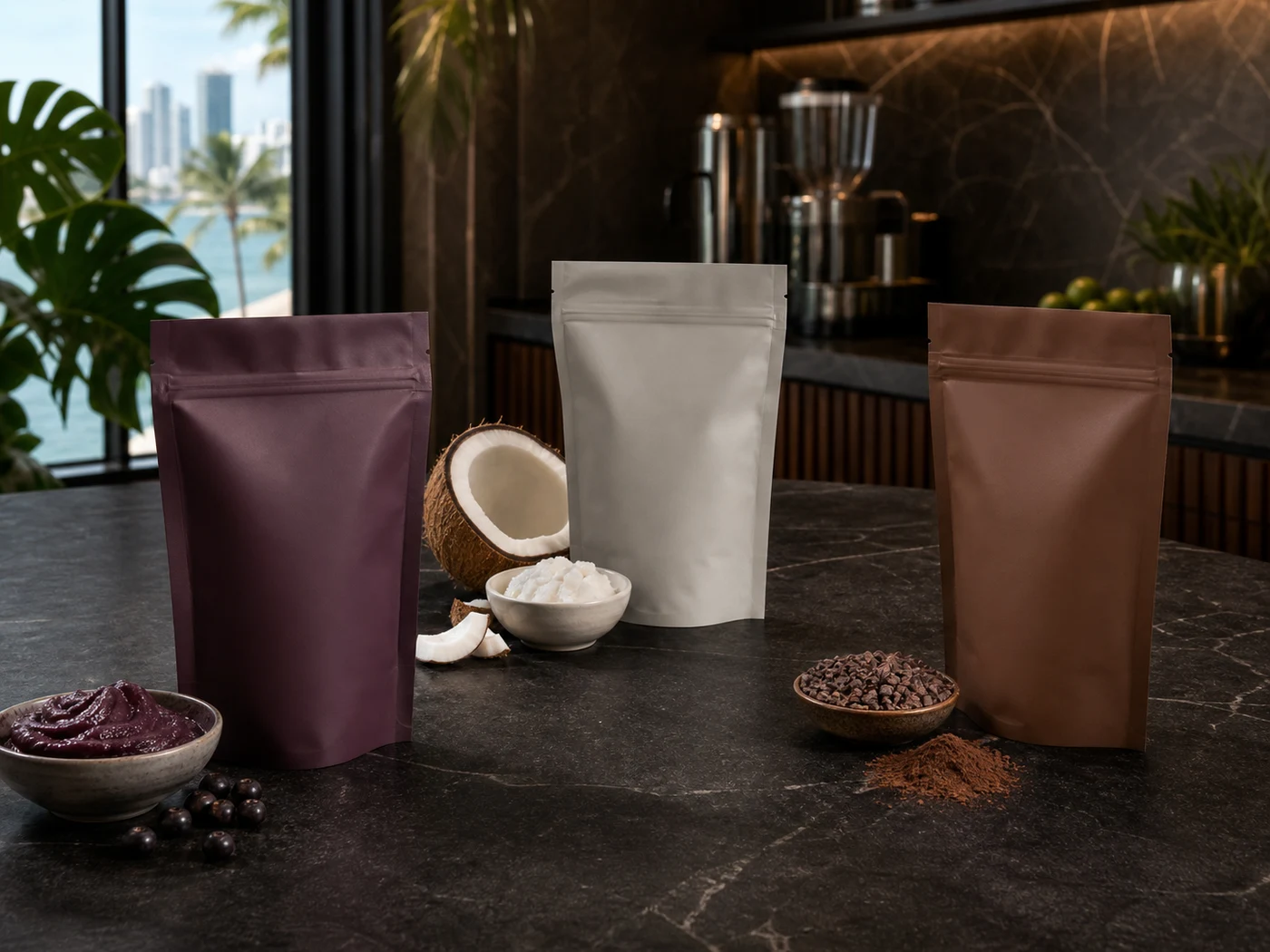 Individual product samples displayed separately with bowls of açaí, coconut and cacao ingredients.