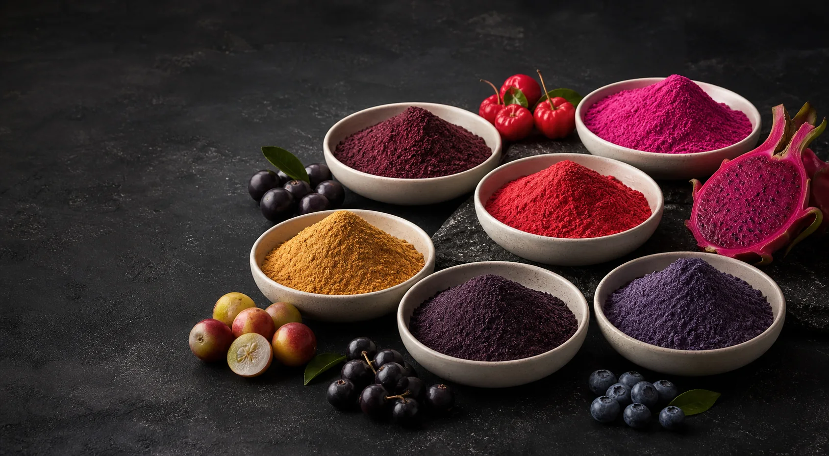 Selección de polvos de frutas orgánicas liofilizadas con açaí, acerola, camu-camu, pitaya, maqui y arándano.
