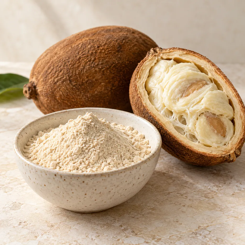 Illustrative cupuaçu ingredient with its raw plant material