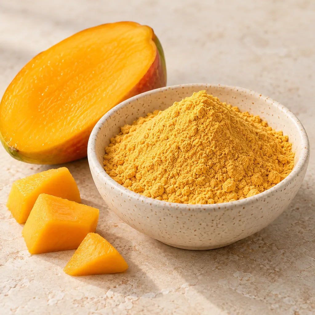 Illustrative mango ingredient with its raw plant material